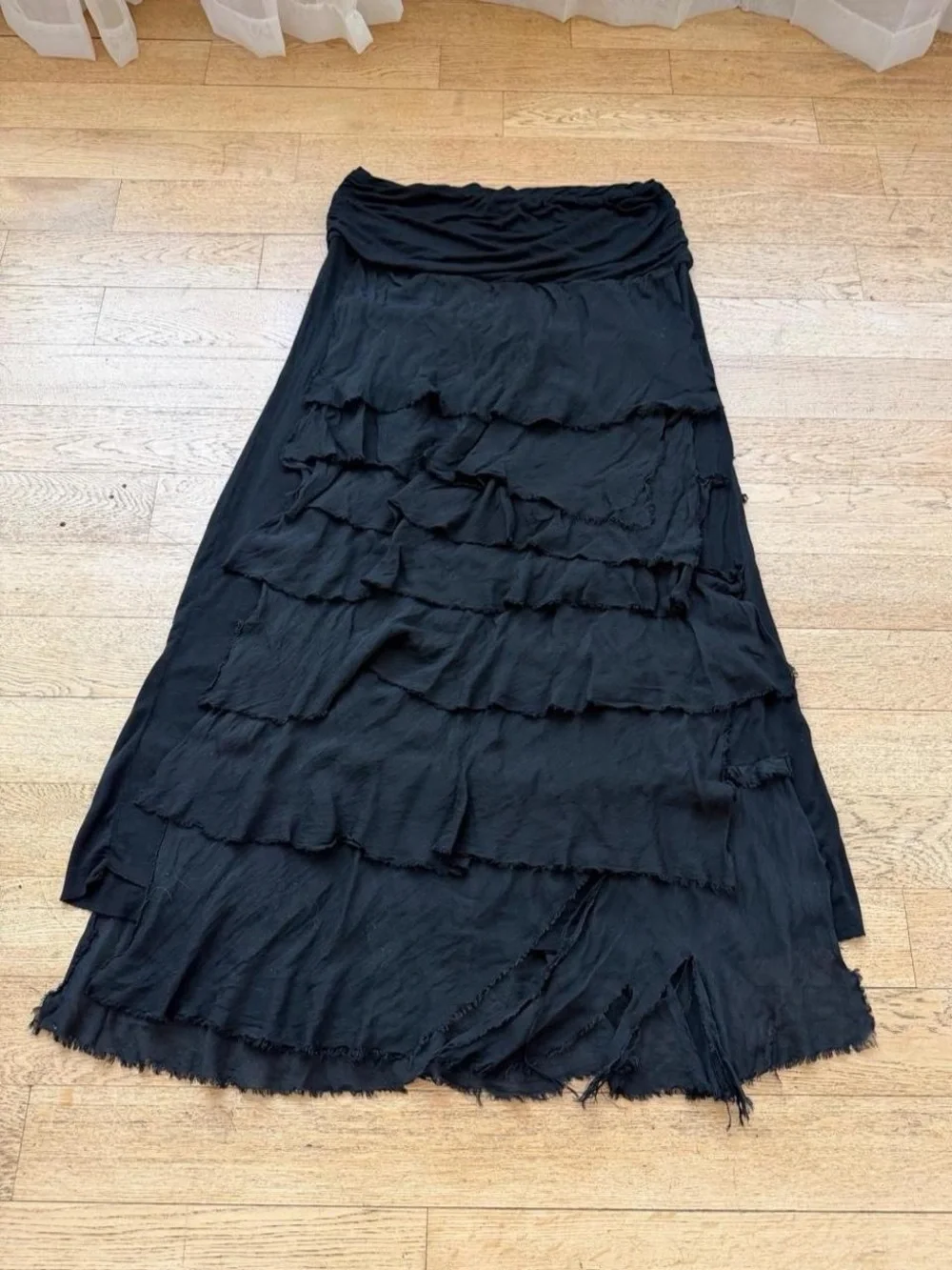 Euro Asymmetric Black Tiered Ruffle Maxi Skirt